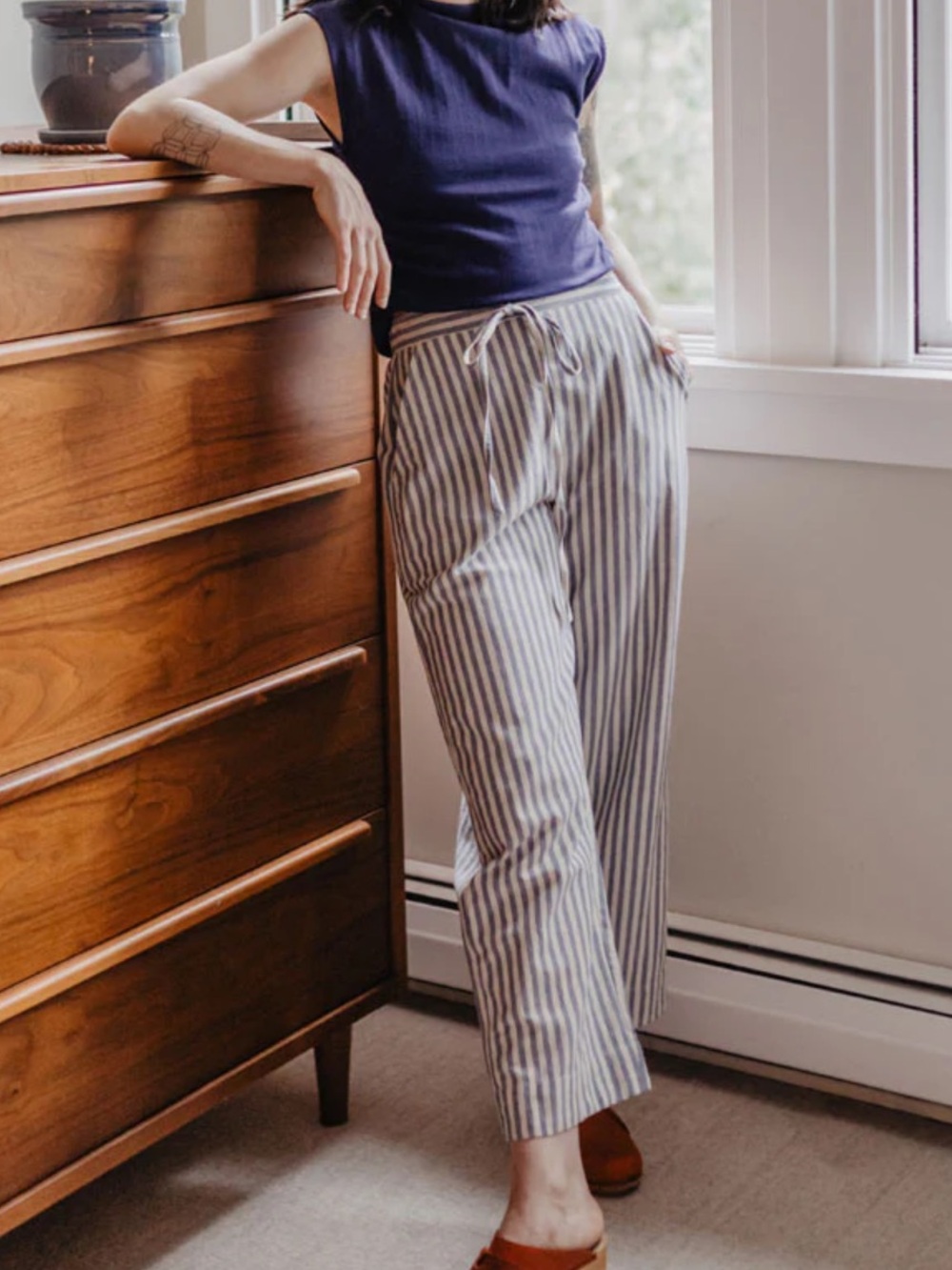 Mata Traders Emmy Drawstring pant with Pockets - blue white stripes